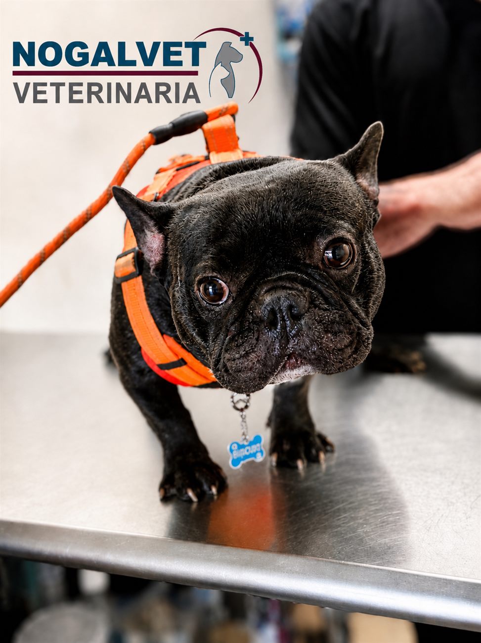Bulldog francés en la mesa de exploración de NogalVet